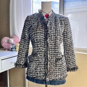 Boston Proper woven tweed chic Black and white jacket with frayed hem size M